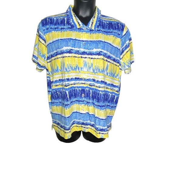 Woman's Short-Sleeve Button-Up Shirt XL Blue Yellow Striped Casual Palm Harbor - Picture 12 of 12